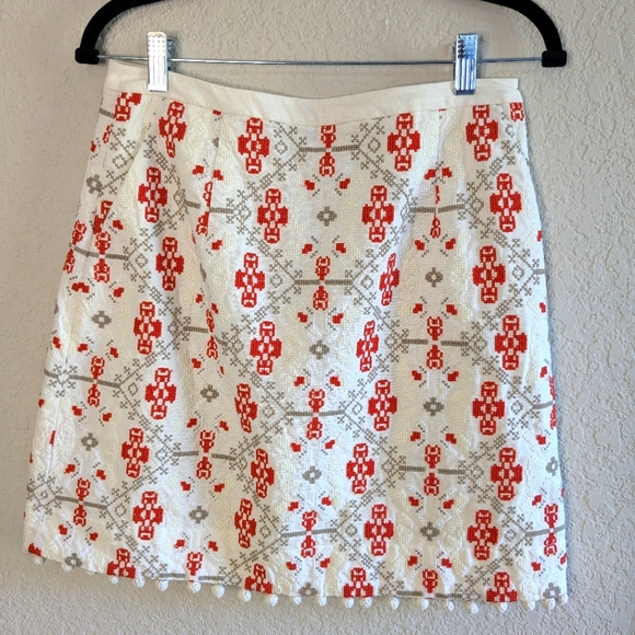 Anthropologie Dresses & Skirts - Anthropologie Maeve Pom Pom Embroidered Skirt Size 4 Pencil Length White Red